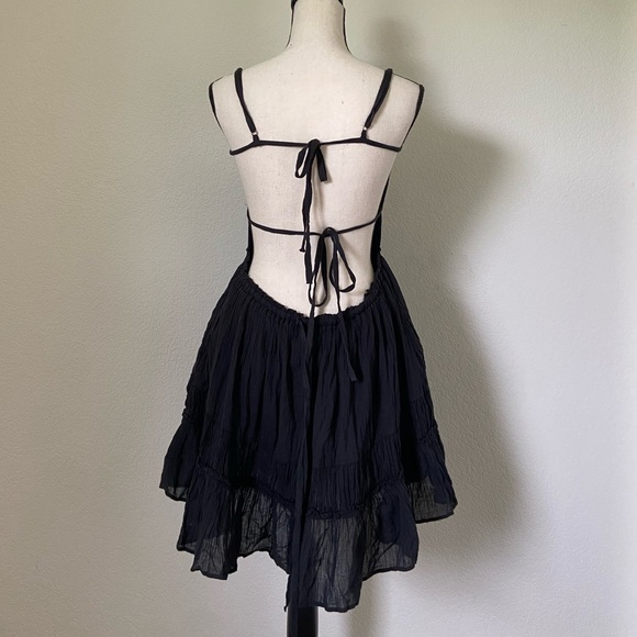Free People 100% Cotton Mini Black Double Tie Back Dress Size Medium - Picture 4 of 6